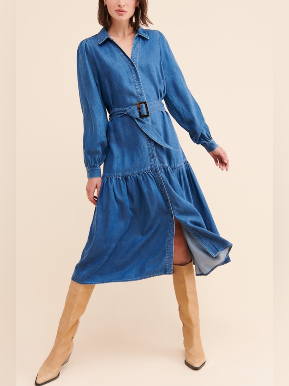 Just Female Tiered Chambray Midi Dress - Denim Shirt Midi Dress with Belt - Blue